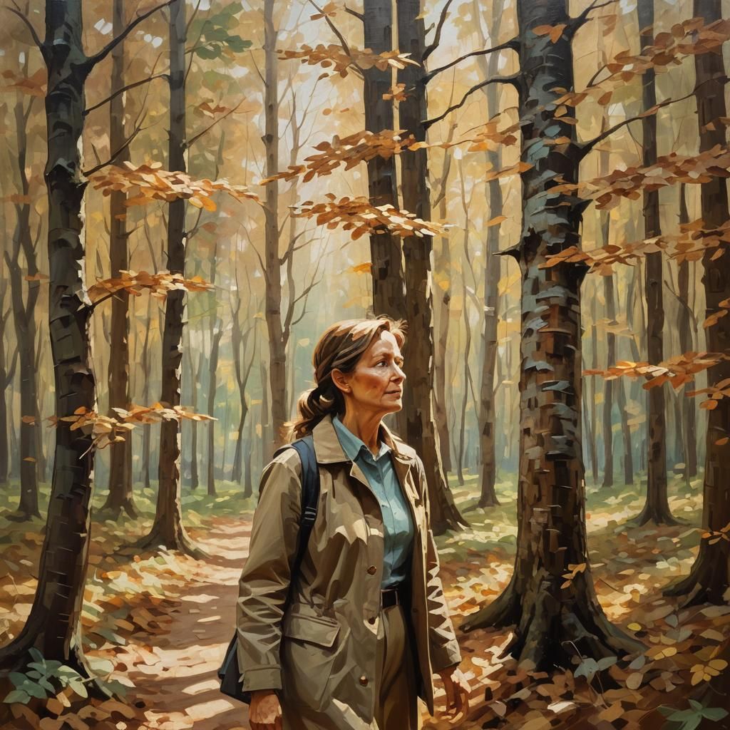 Impressionist Woman in Forest with Impasto Texture