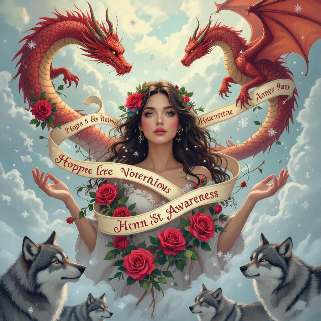 Dragons, Roses, and Wolves in a Whimsical Sky