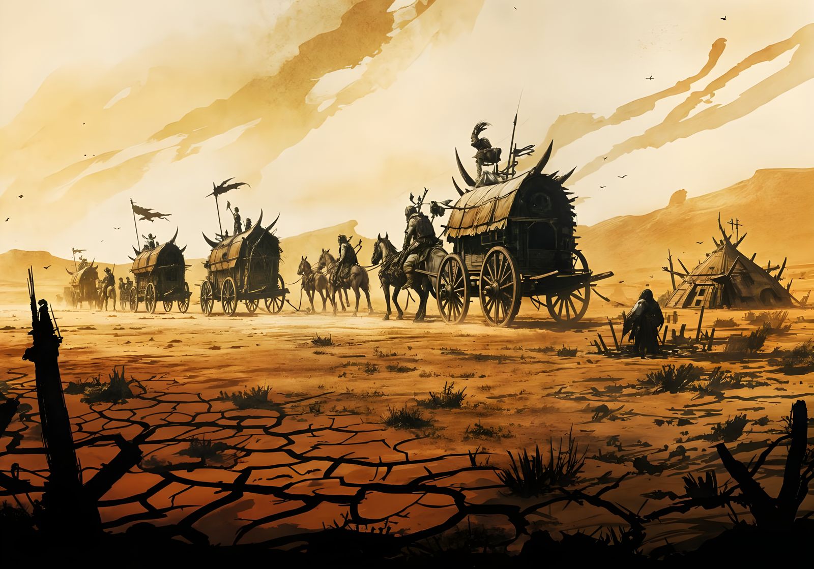Nomadic Orcs Roam the Vast Desert in Dark, Ink Drawing Style