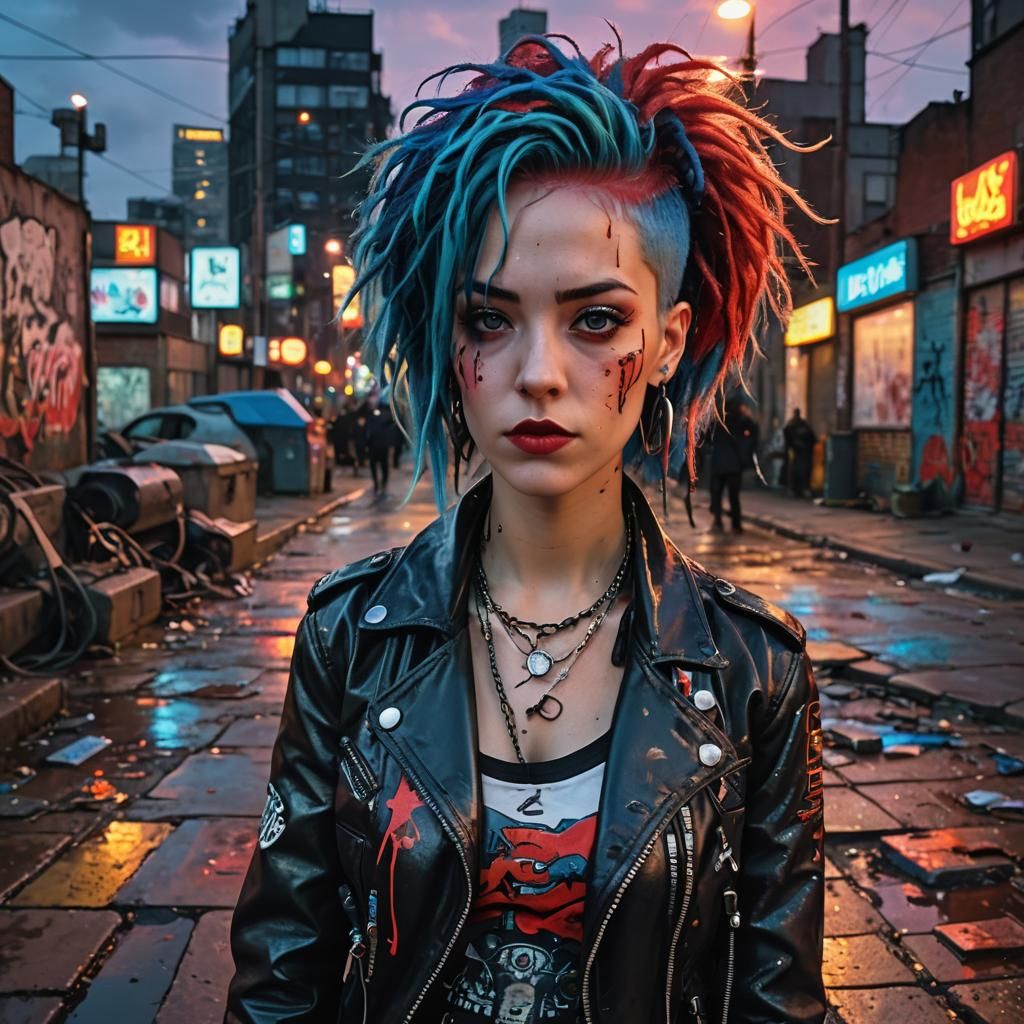 Cyberpunk Portrait of Lina Hagen in Cityscape at Sunset