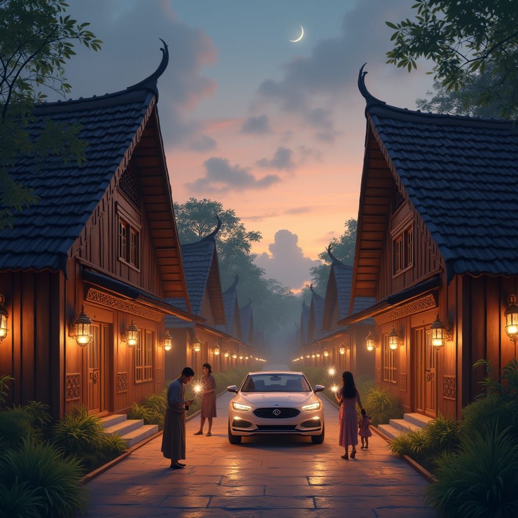 Traditional Malaysian Kampung Scene at Hari Raya Aidilfitri