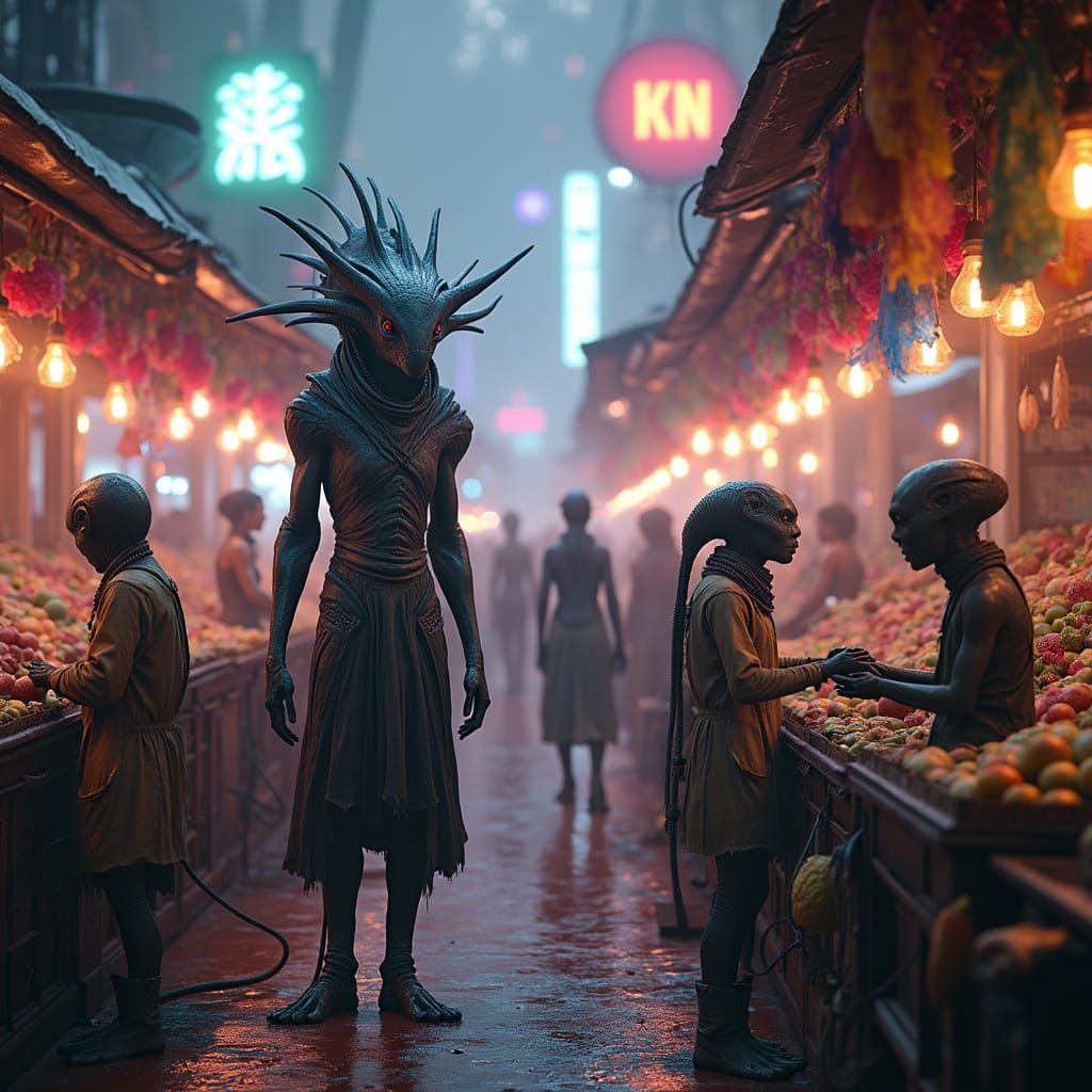 Vibrant Interstellar Market with Alien Species in Sci-Fi Sty...