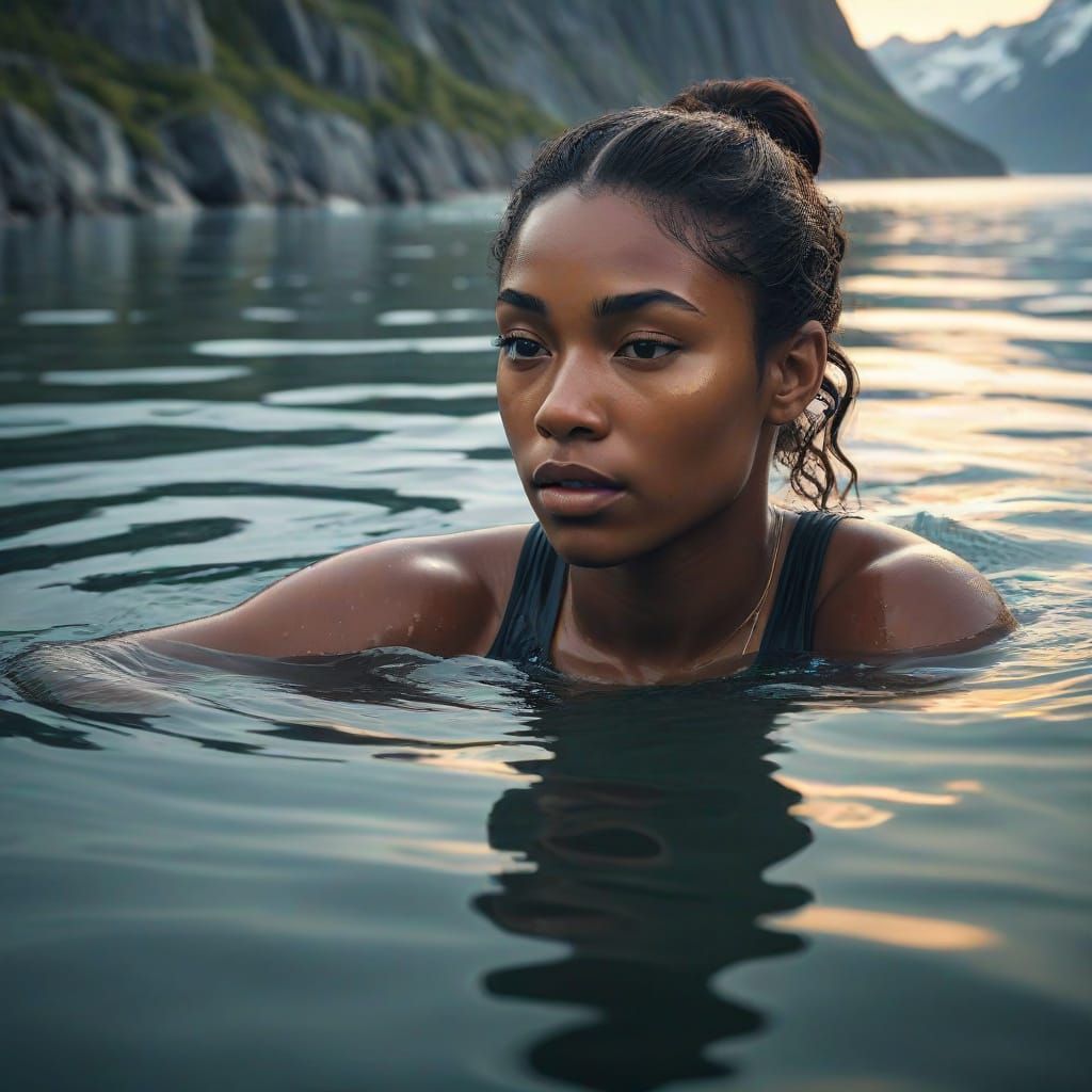 Black Valkyrie Swims Fjord in Art Nouveau Style