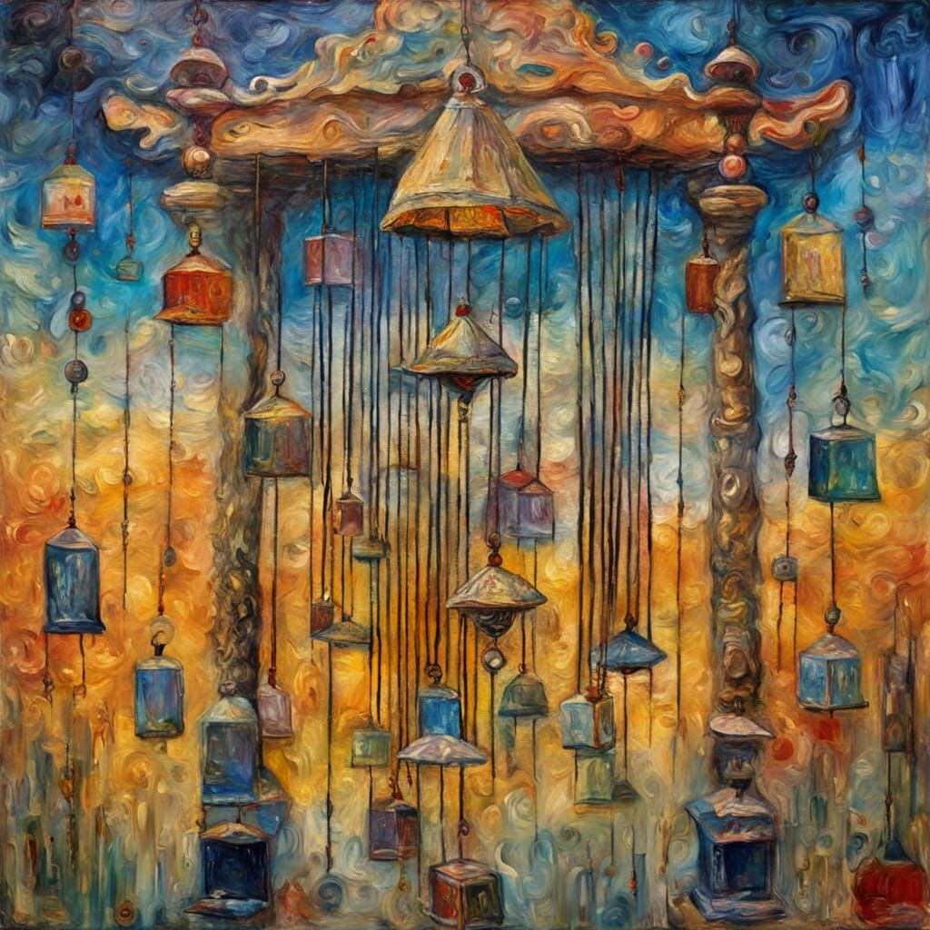 Wind Chimes at Spirit Shrine as Encaustic Oil Painting