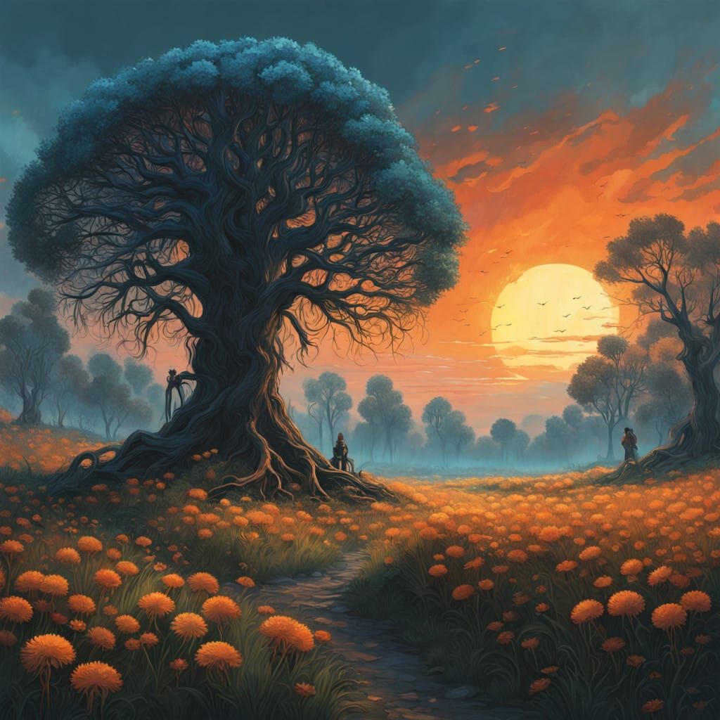 Golden Evening Dandelions in Surrealistic Landscape