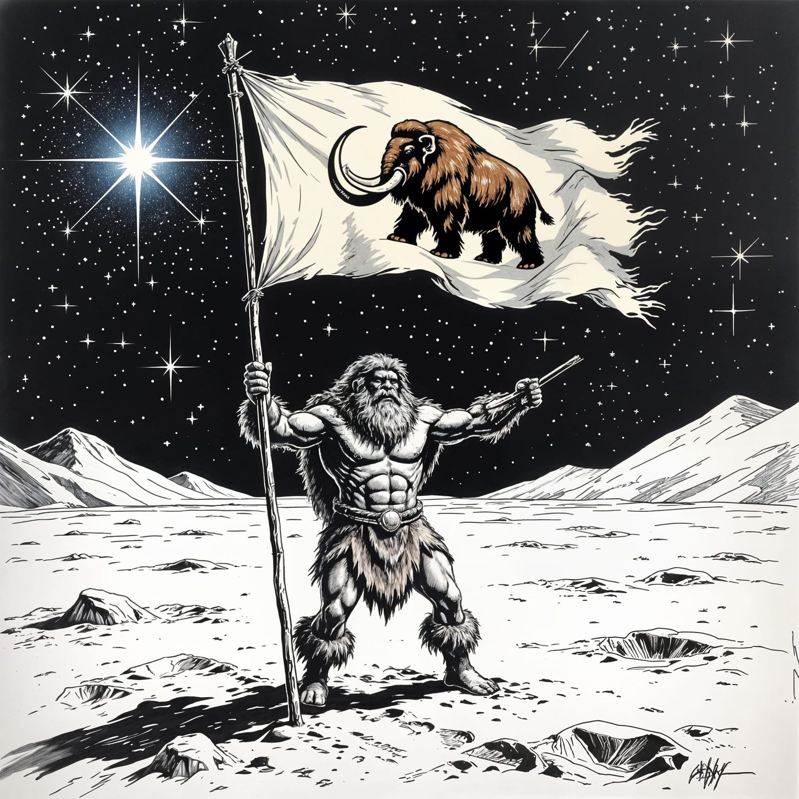 Inkwash Portrait: Caveman Plants Flag on the Moon