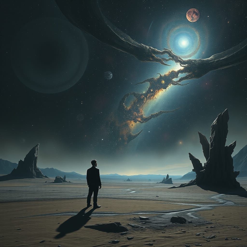 Melancholic Figure on Alien Planet in Dark Style