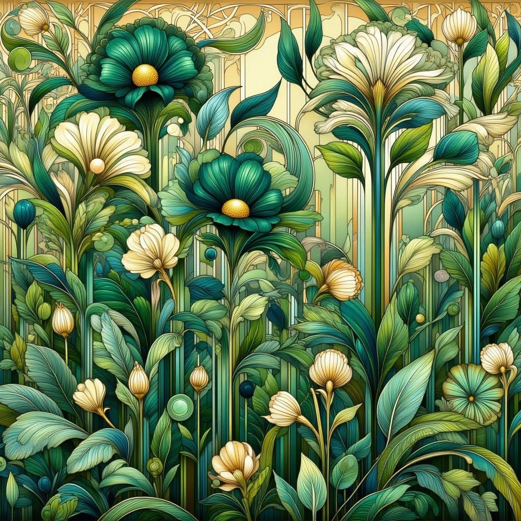 Vibrant Green Flowers in Art Nouveau Garden