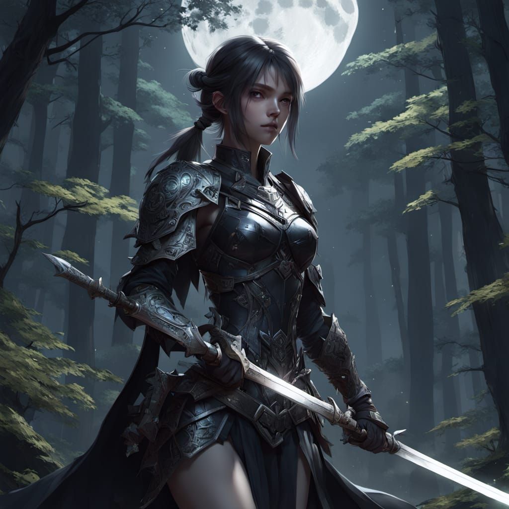 Demon Huntress with Crystalline Sword in Dark Fantasy
