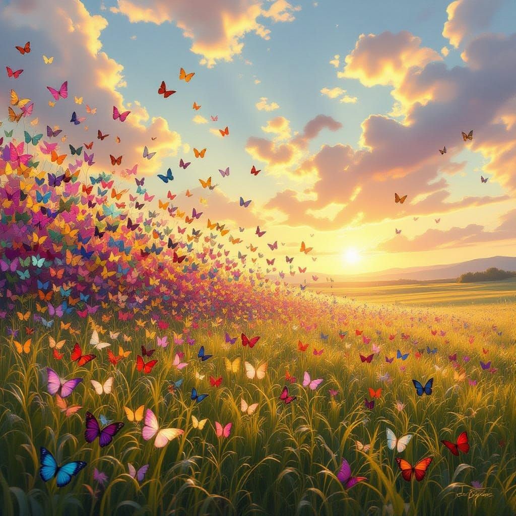 Vast Meadow of Butterflies in Surreal Wind