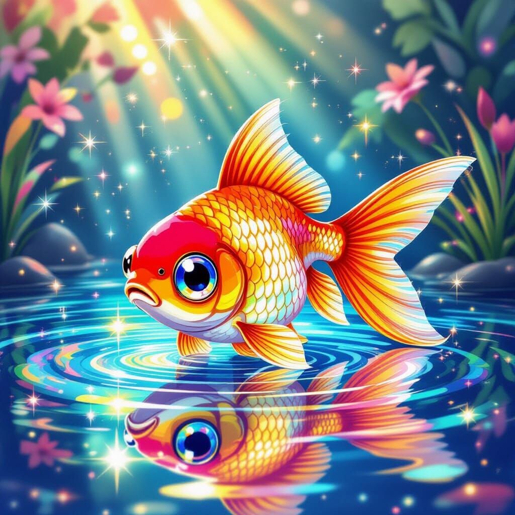 Glittering Goldfish in a Rainbow Pond, Lisa Frank Style