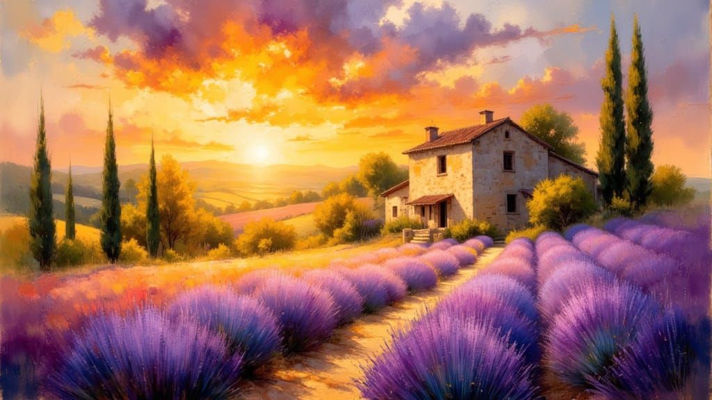 Provence Landscape at Sunset in Impasto Oil Style