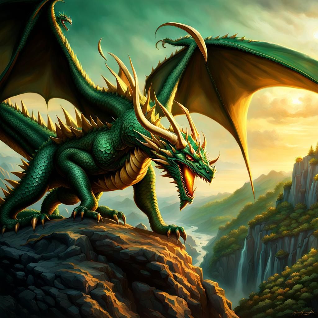 Majestic Green Dragon Breathing Fire: Fantasy Concept Art