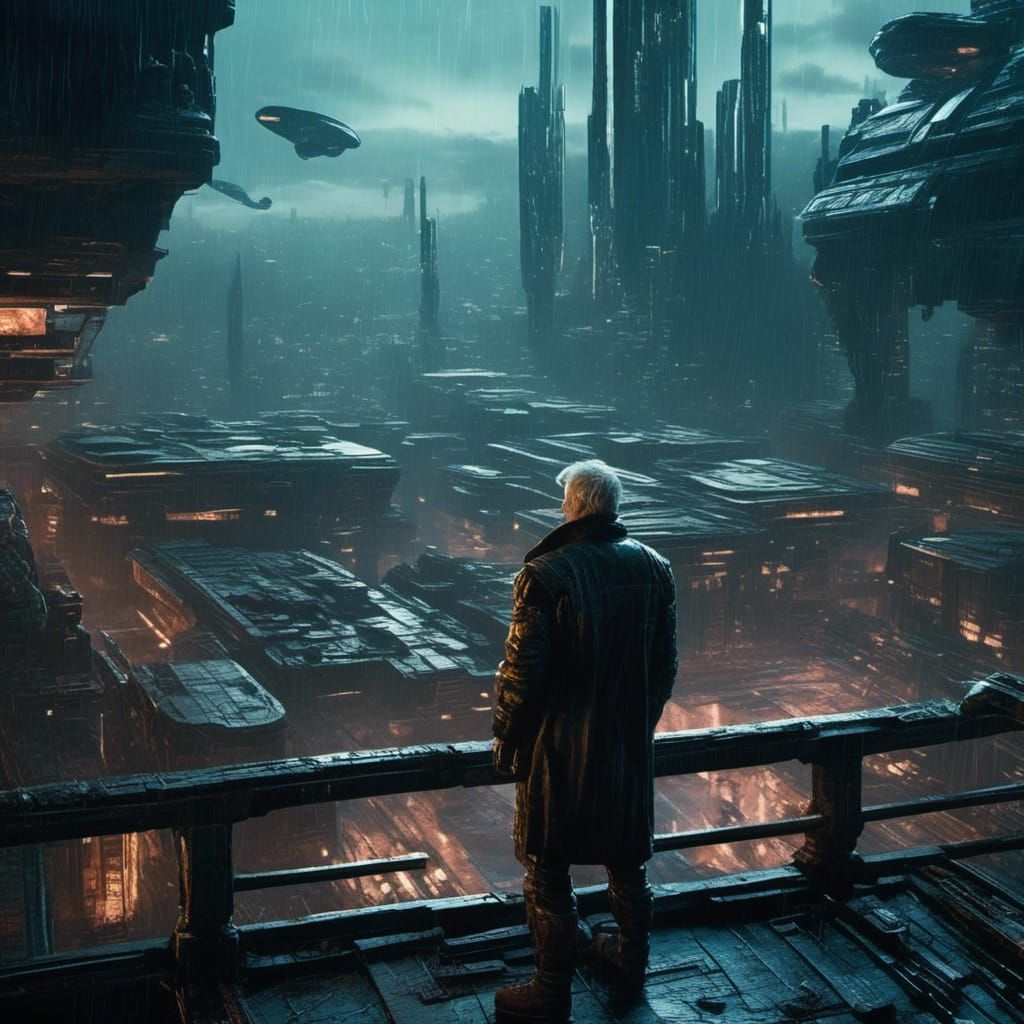 Roy Batty in Cyberpunk Cityscape, 80s Sci-Fi Aesthetic