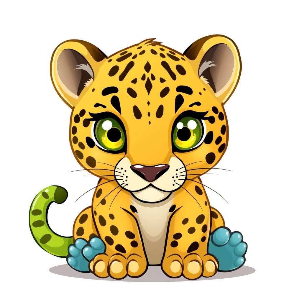 Whimsical Cartoon Jaguar Cub with Shiny Nose and Vibrant Col...