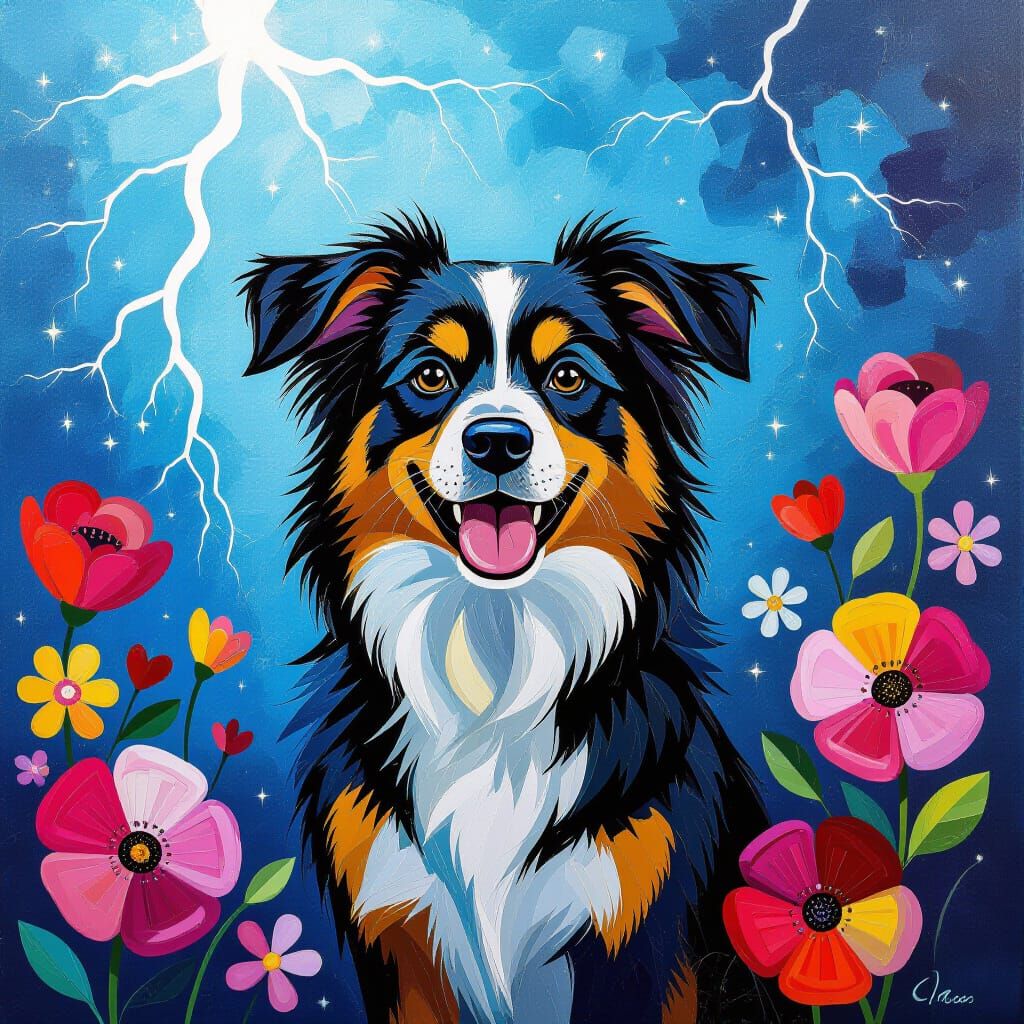 Expressionist Dog Surrounded by Lavish Flowers