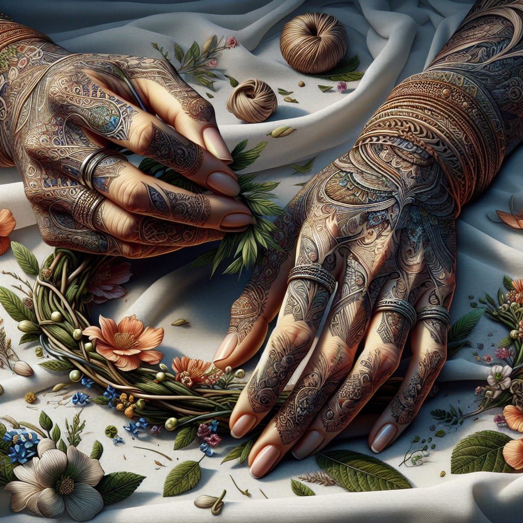 Detailed Hands Weaving Floral Wreath: Maximalist Art