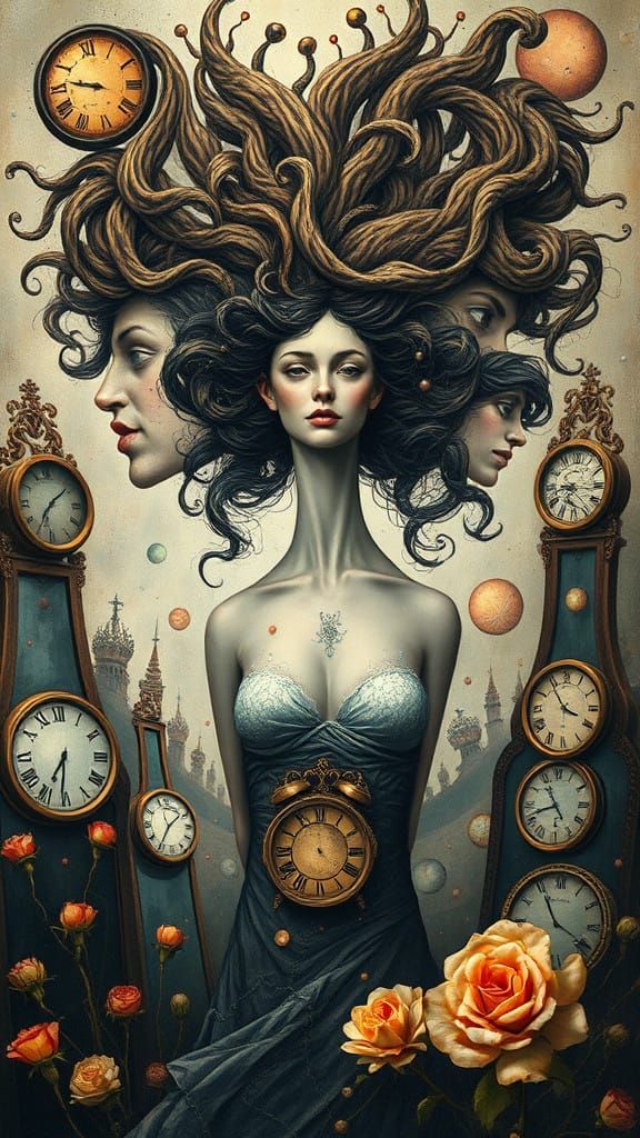 Woman in Surreal Dreamlike Scene with Swirling Hair and Mirr...