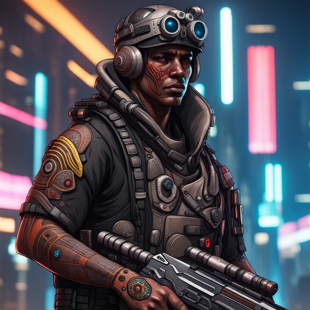 Cyberpunk Aboriginal Soldier in Futuristic Style
