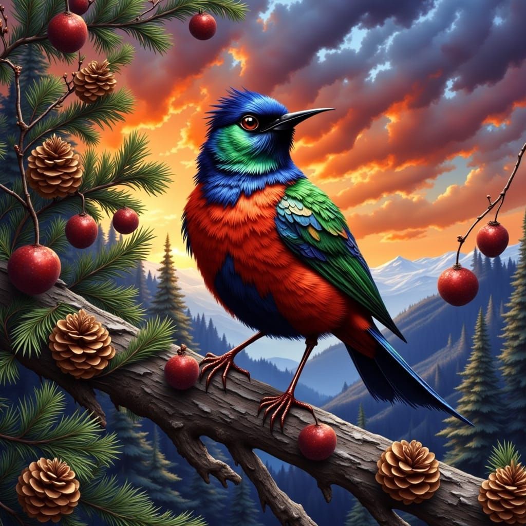 Vibrant Red and Black Bunting Perched on Pine