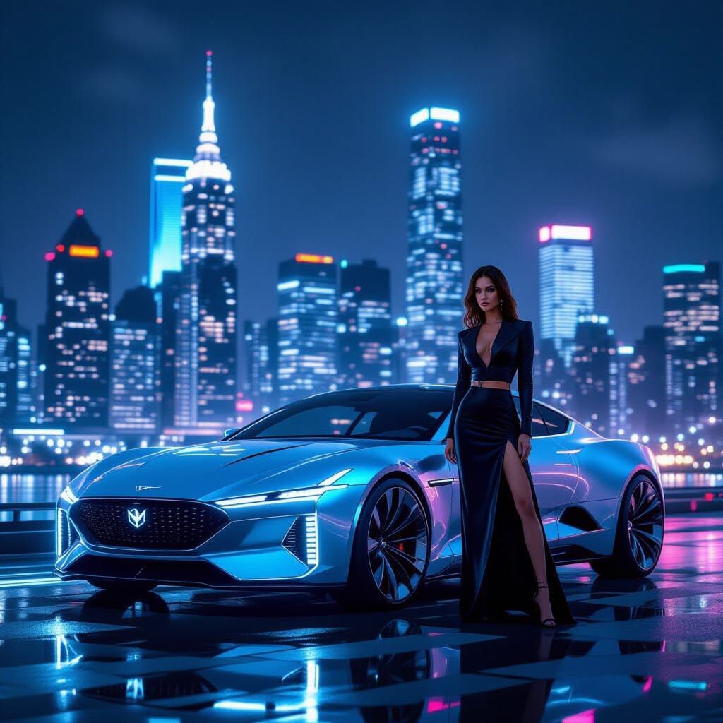 Futuristic Steel-Blue Coupe Under Neon Cityscape