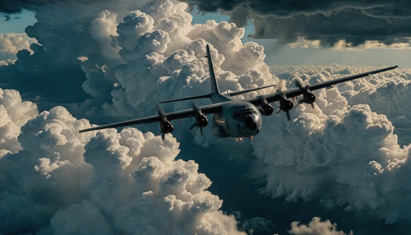 C-130 Plane in Hurricane Eye, Dramatic Aerial Photography