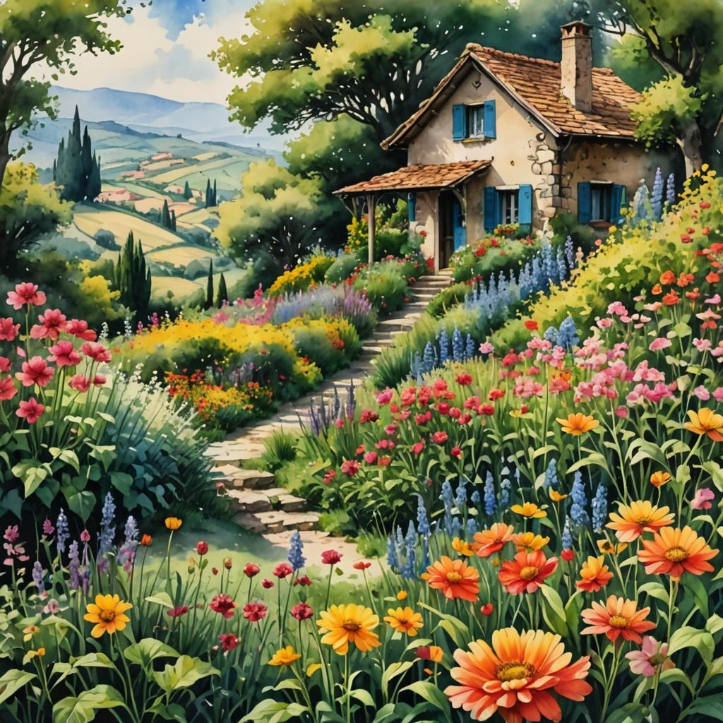 Italian Cottage Garden in Watercolor and Ink