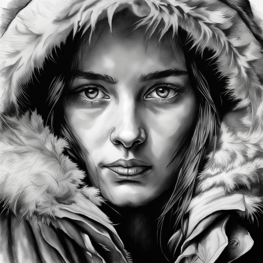 Graphite Portrait of Woman in Fur Hood