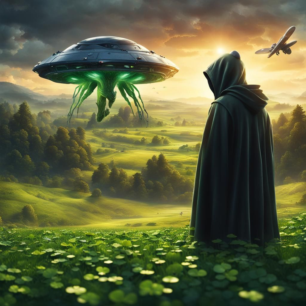 Hooded Alien Searches for Clover at Sunset