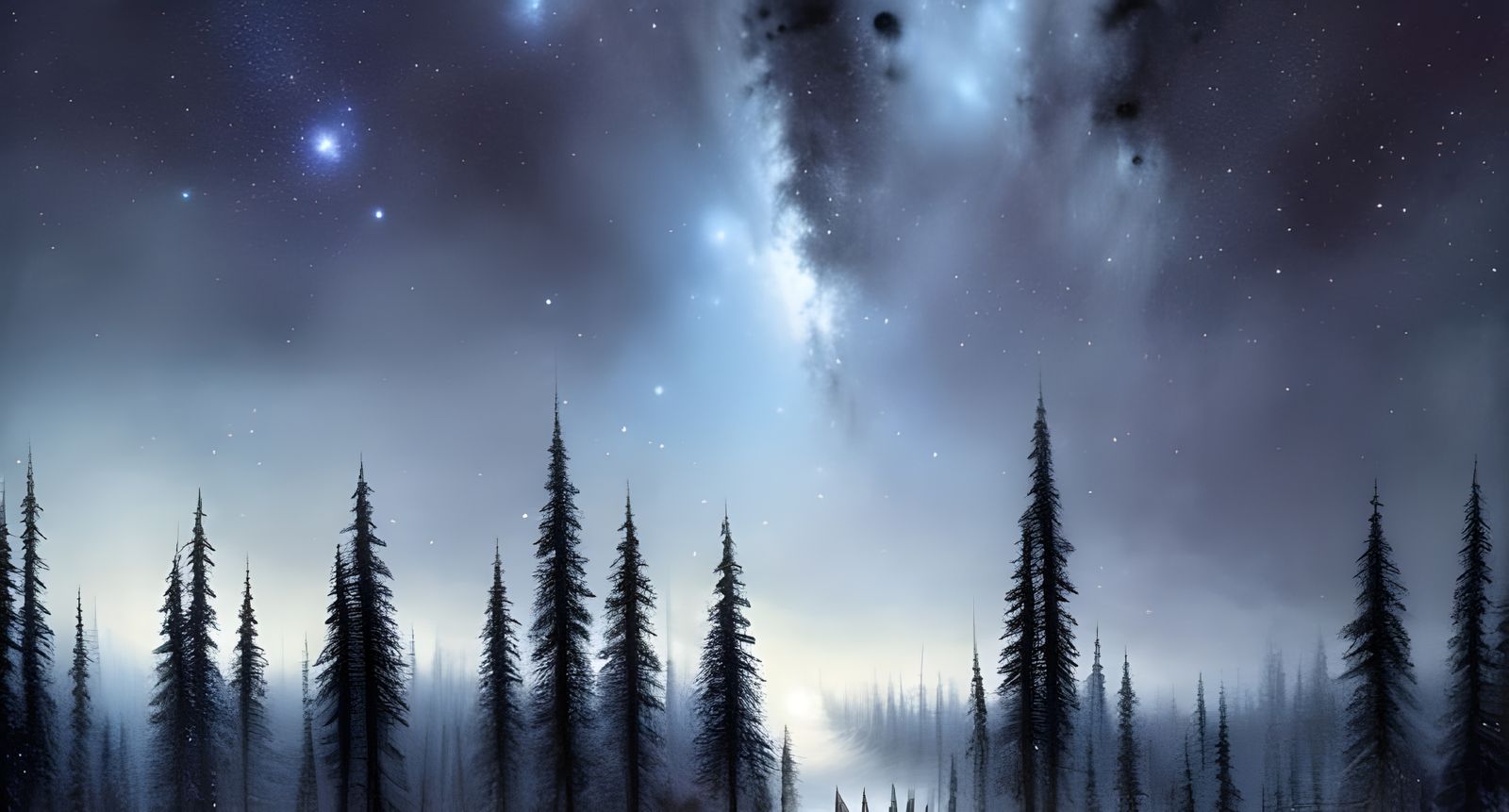 Detailed Night Sky Over Winter Forest in Digital Art