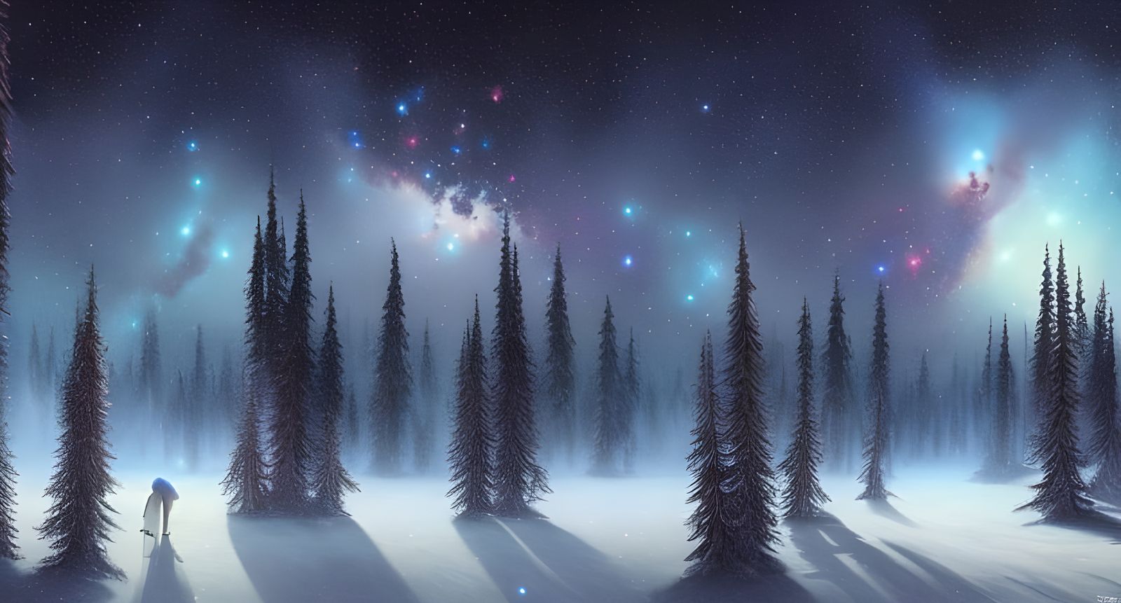 Detailed Night Sky Over Winter Forest in Digital Art