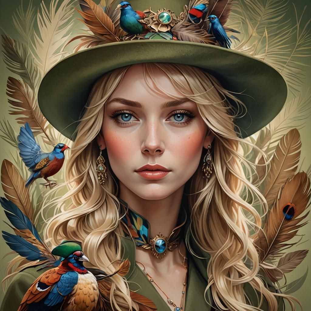 English Woman in Feathered Hat, Vivid Digital Art