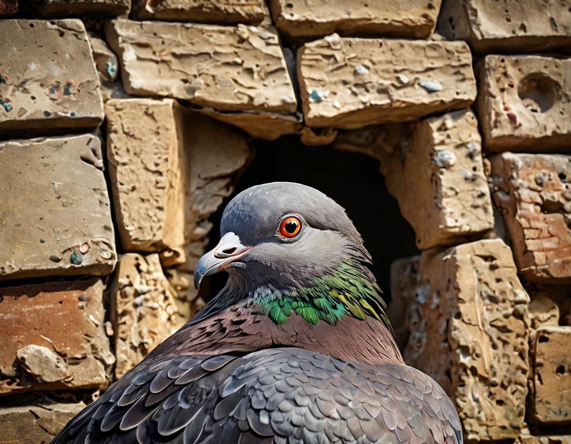 Surreal Pigeon Portrait in Ornate Stone Wall