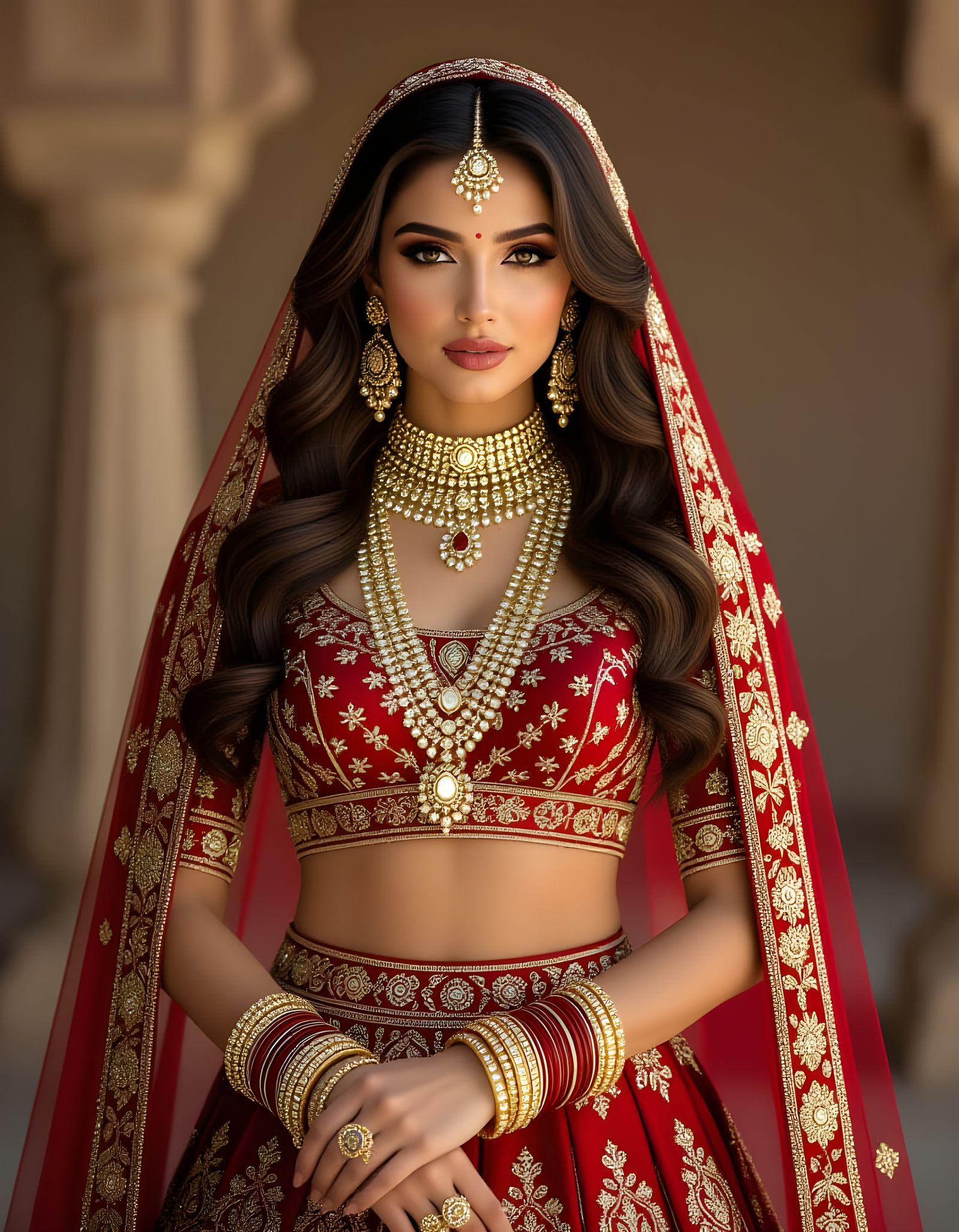 South Asian Bride in Red and Gold Lehenga