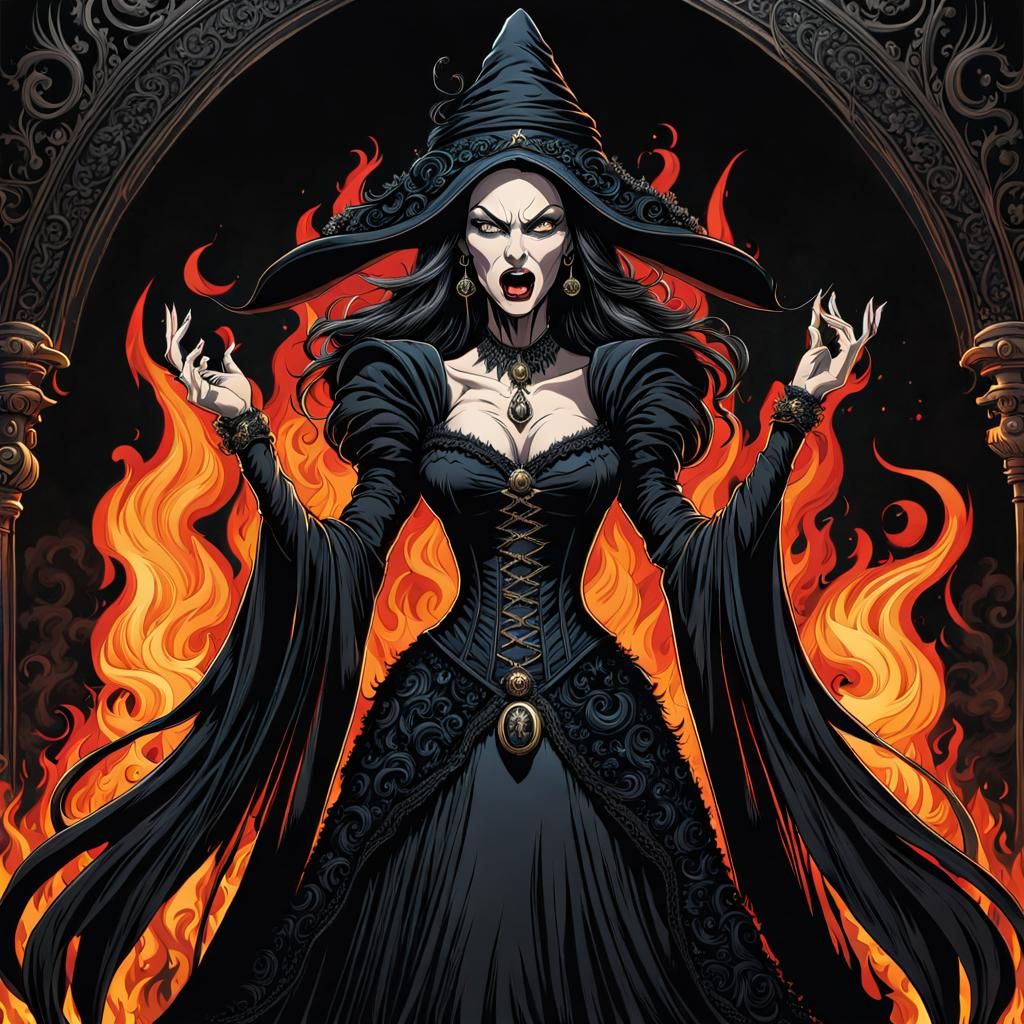 Detailed Illustration of an Evil Witch in Black Dress
