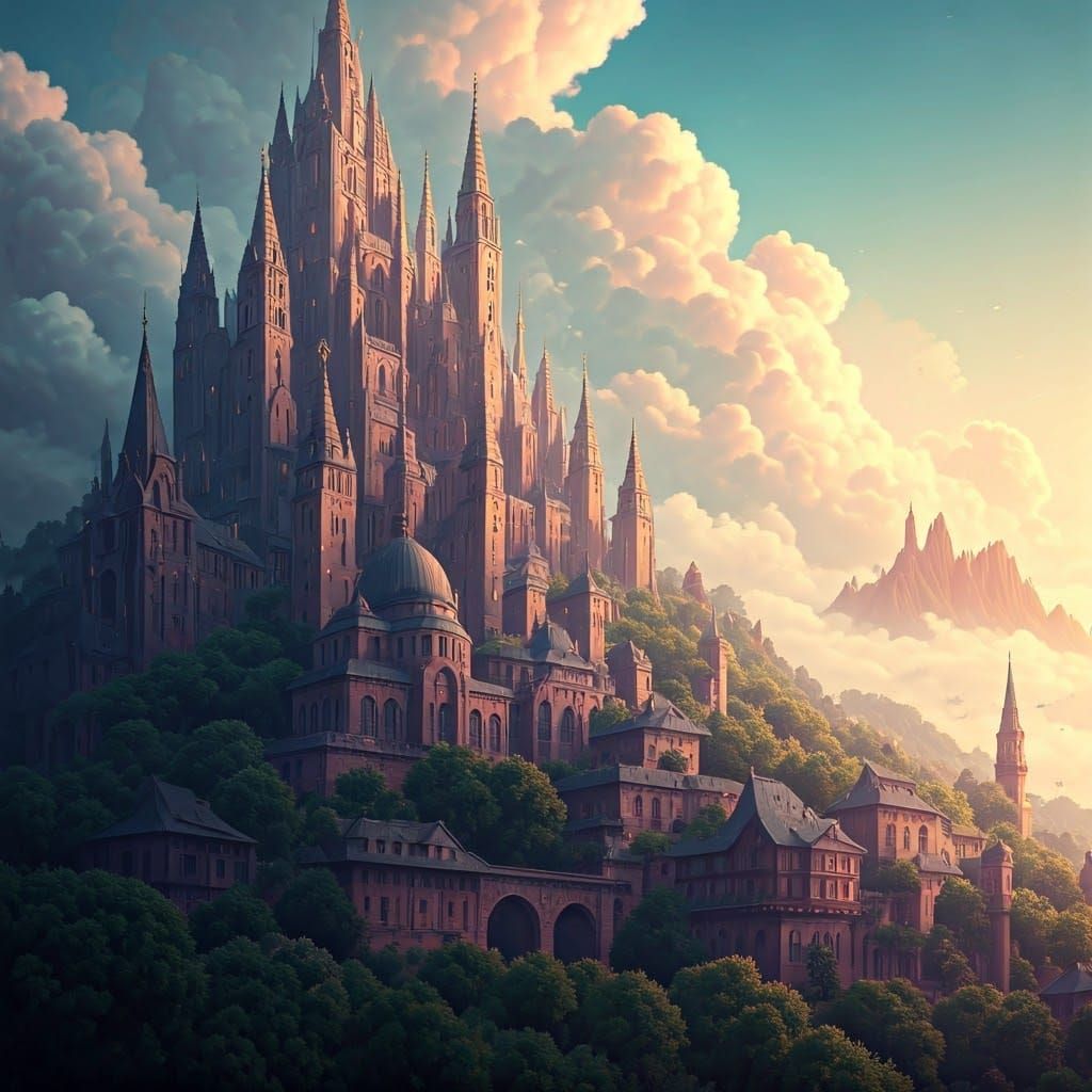 Dreamlike Cityscape on Mist-Shrouded Mountain