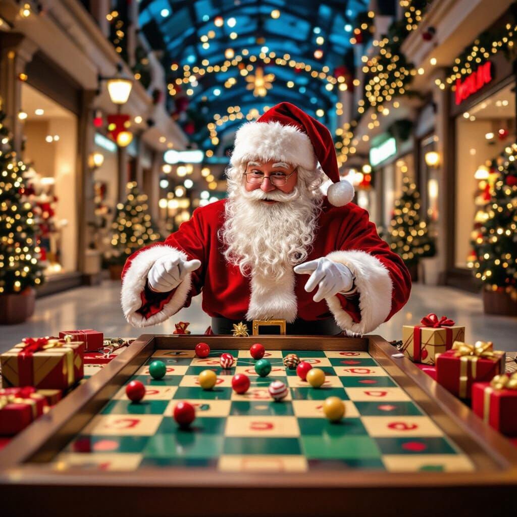 Santa Claus Plays Sjoelen with Gifts in Festive Mall
