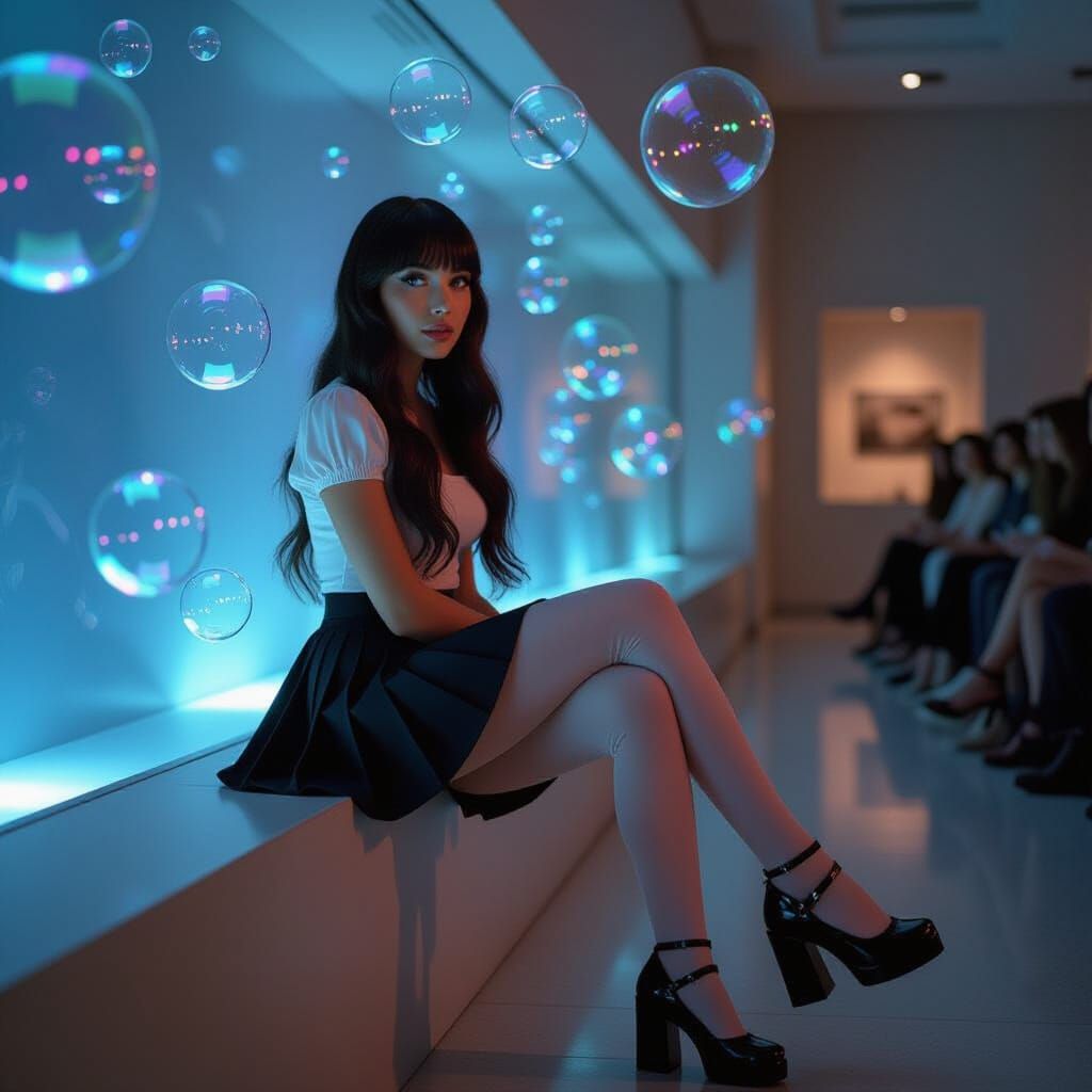 Trendy Woman at Holographic Bubble Exhibit