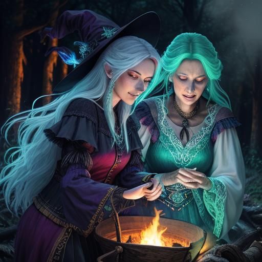 Two enchanting witches dance around a fire in the forest, under the large full  moon, chanting incantations and weaving ...