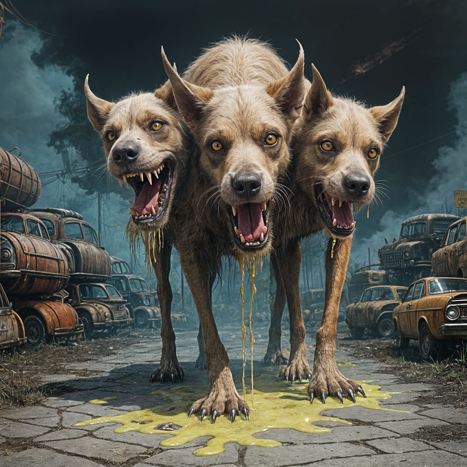 Grotesque Three-Headed Dog Guarding Junkyard, Charcoal Drawi...