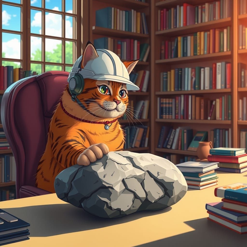 Anime Cat Geologist Inspects Granite Rock