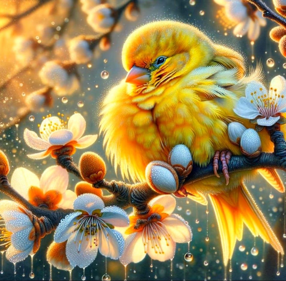 Canary Sleeping Amongst Almond Blossoms: Watercolour