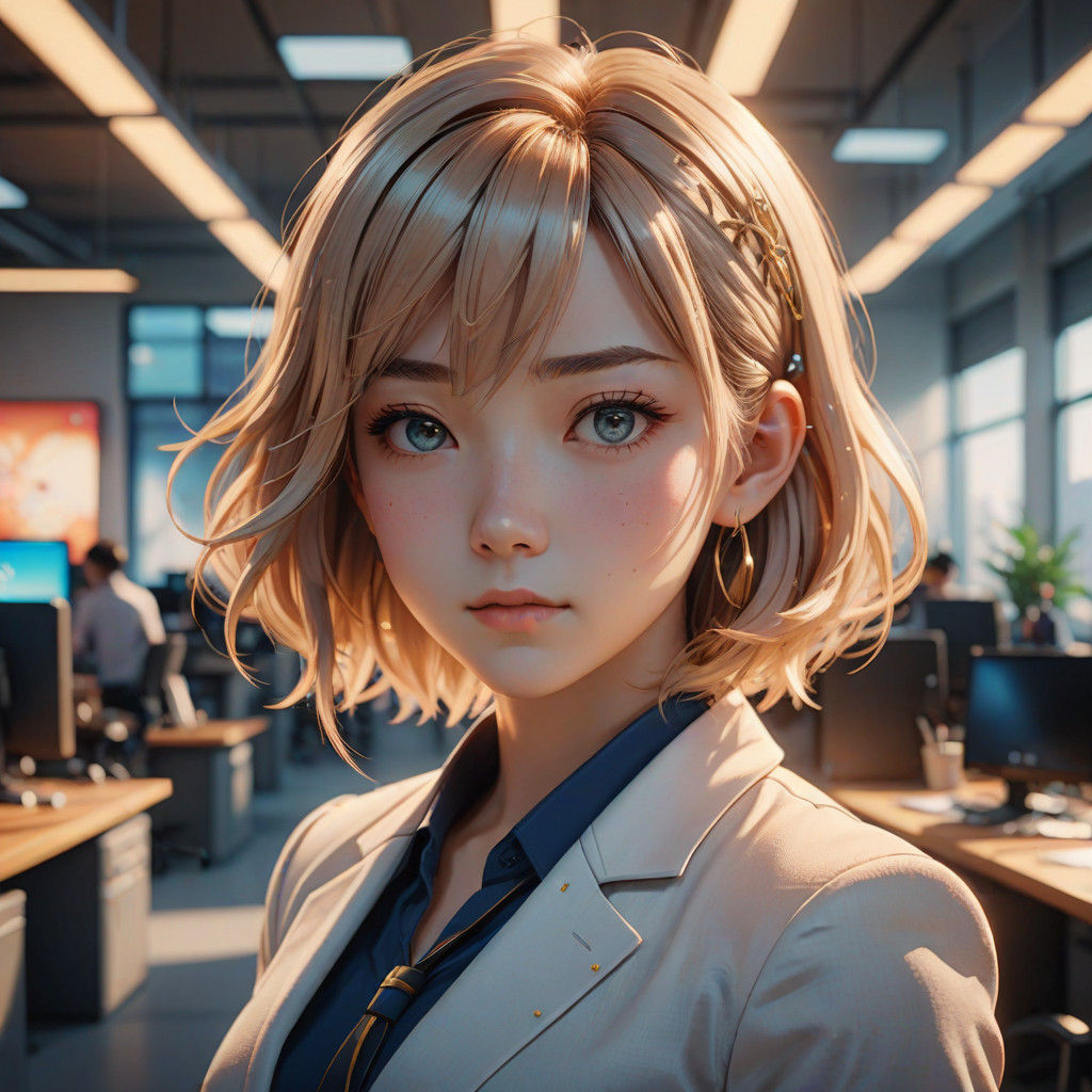 Confident Anime Professional Woman in Modern Office Setting