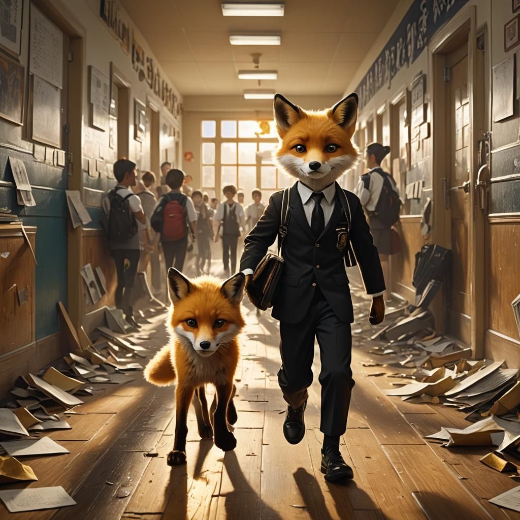 Golden Fox Boy Runs Through School: Cinematic Digital Art