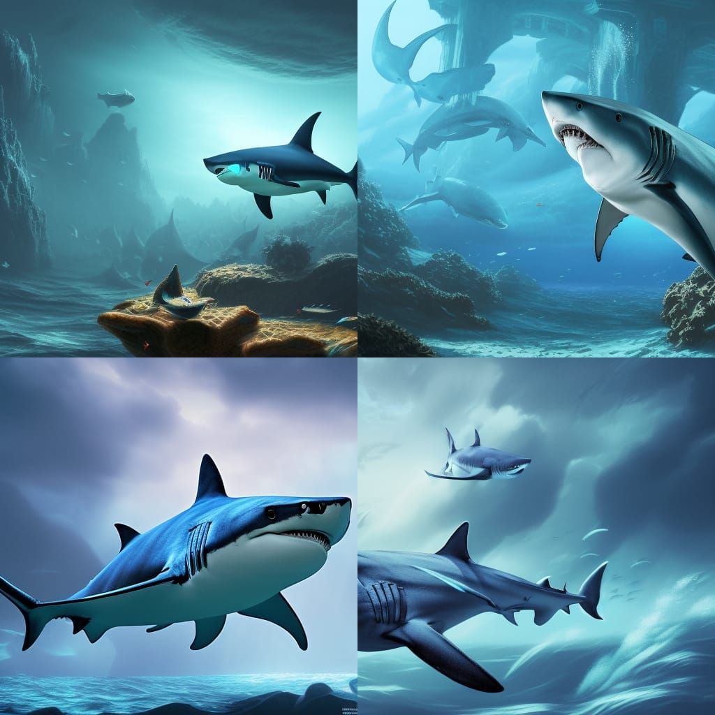 Scary Shark in Deep Blue Ocean Matte Painting