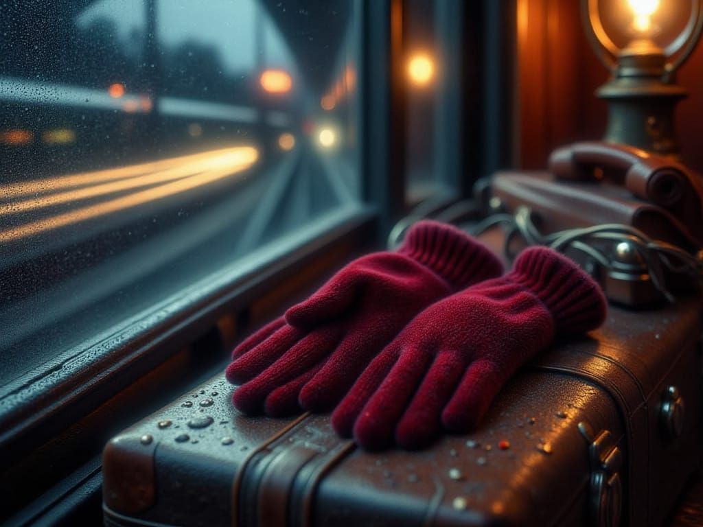 Crimson Velvet Gloves on Vintage Suitcase by Train Window