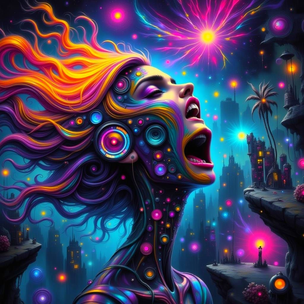 Surrealist Space Goddess in a Futuristic Cityscape