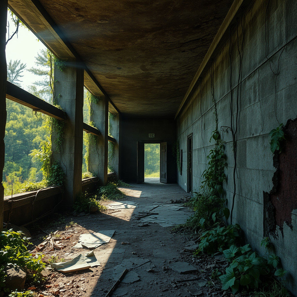 Abandoned Bunker Corridor in Overgrown Landscape