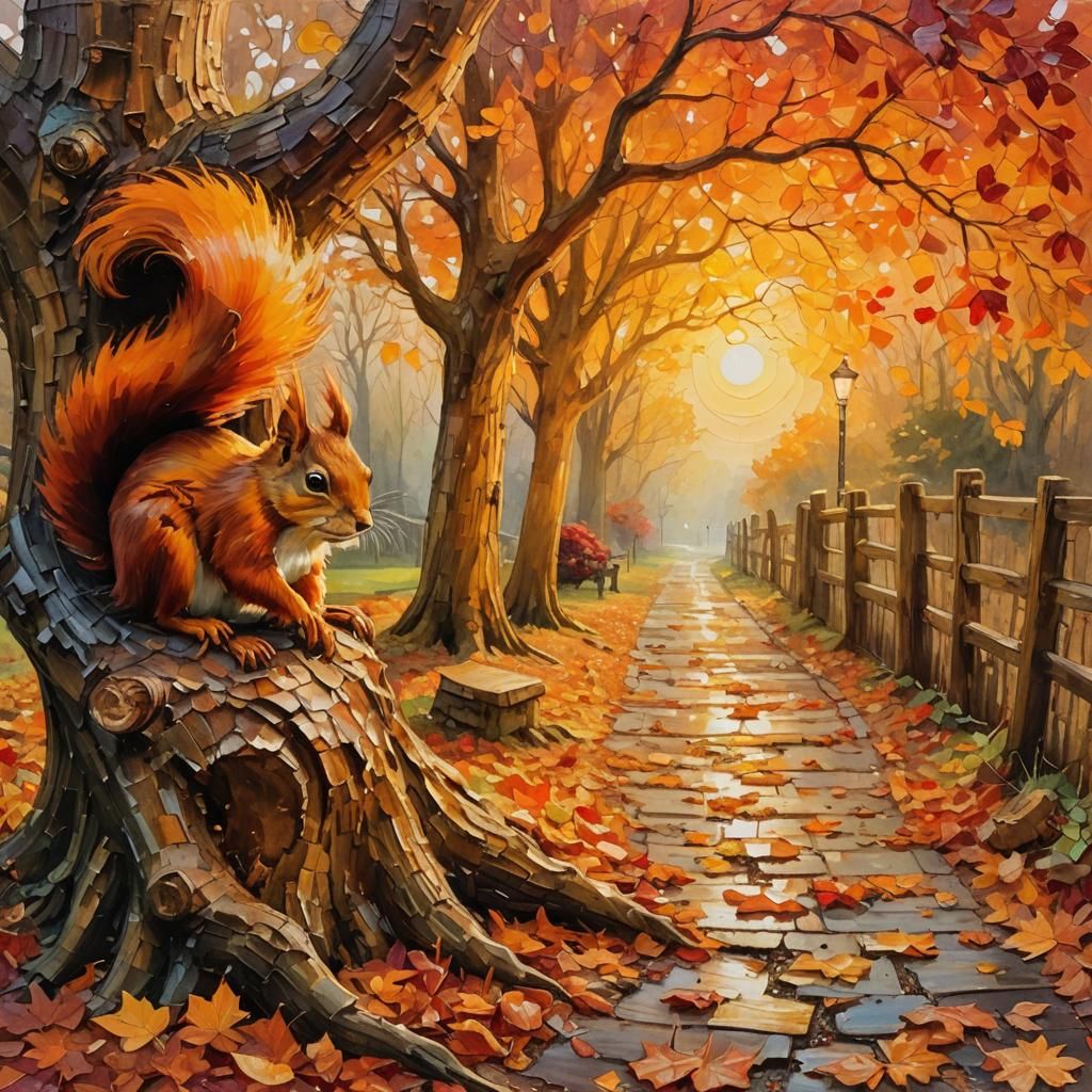 Squirrel in Autumnal Tree, Encaustic Impressionism