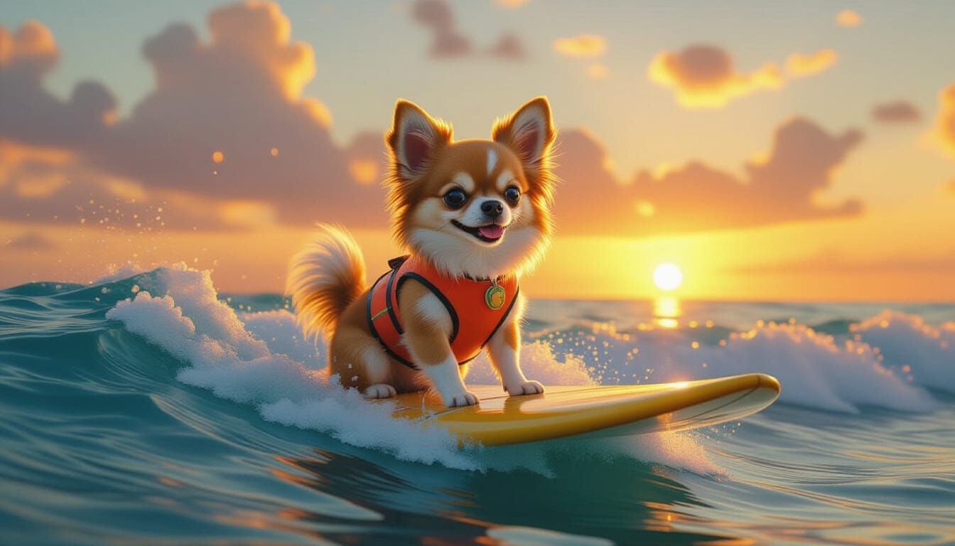 un dipinto digitale iperrealistico con effetto opaco di un simpatico cucciolo di chiwawa felice che cavalca un'onda al t...
